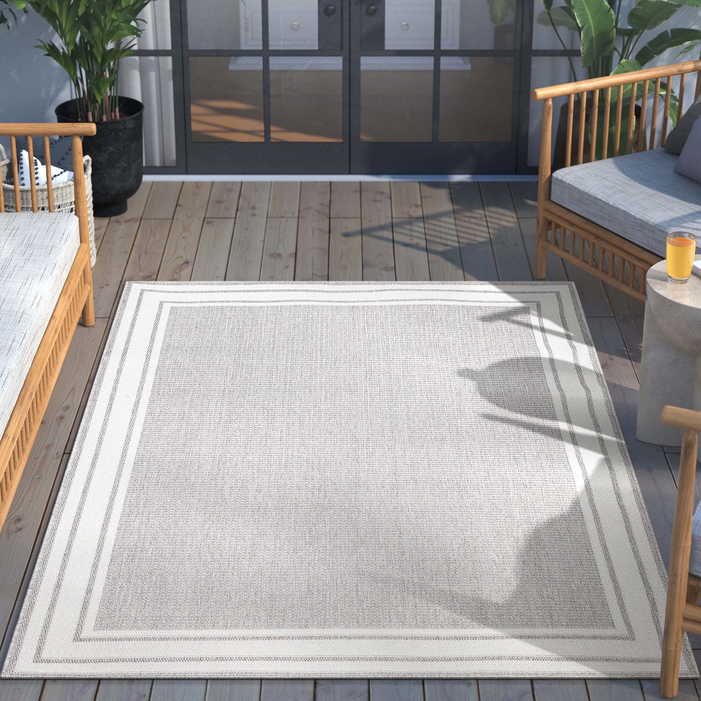 Perry Solid Border Pattern Indoor/Outdoor Grey Textured Rug FAL-37