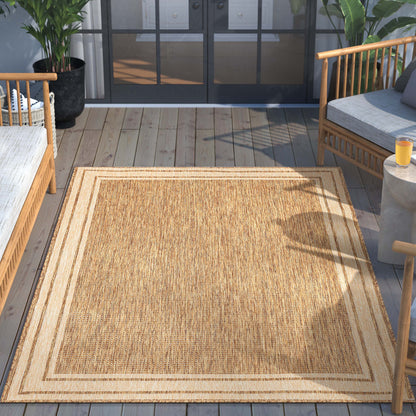Perry Solid Border Pattern Indoor/Outdoor Brown Textured Rug FAL-38