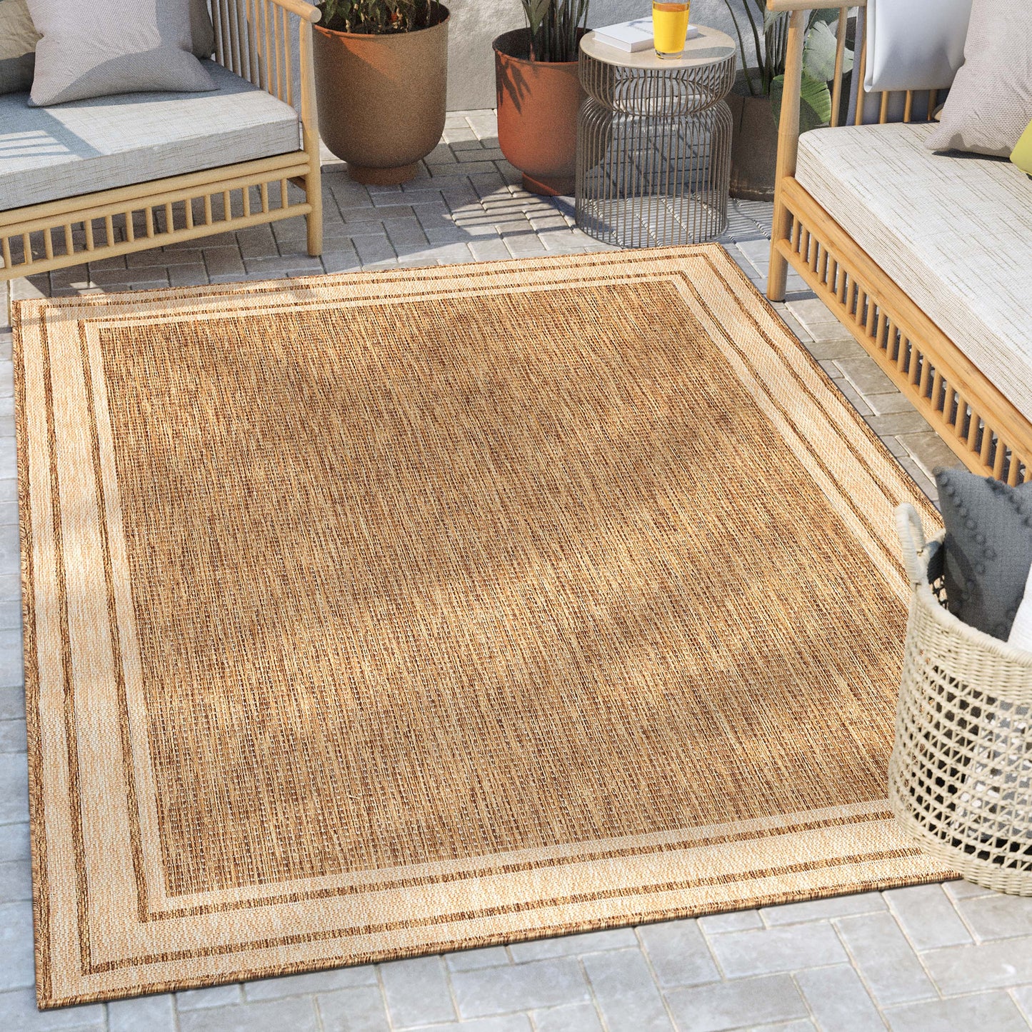 Perry Solid Border Pattern Indoor/Outdoor Brown Textured Rug FAL-38