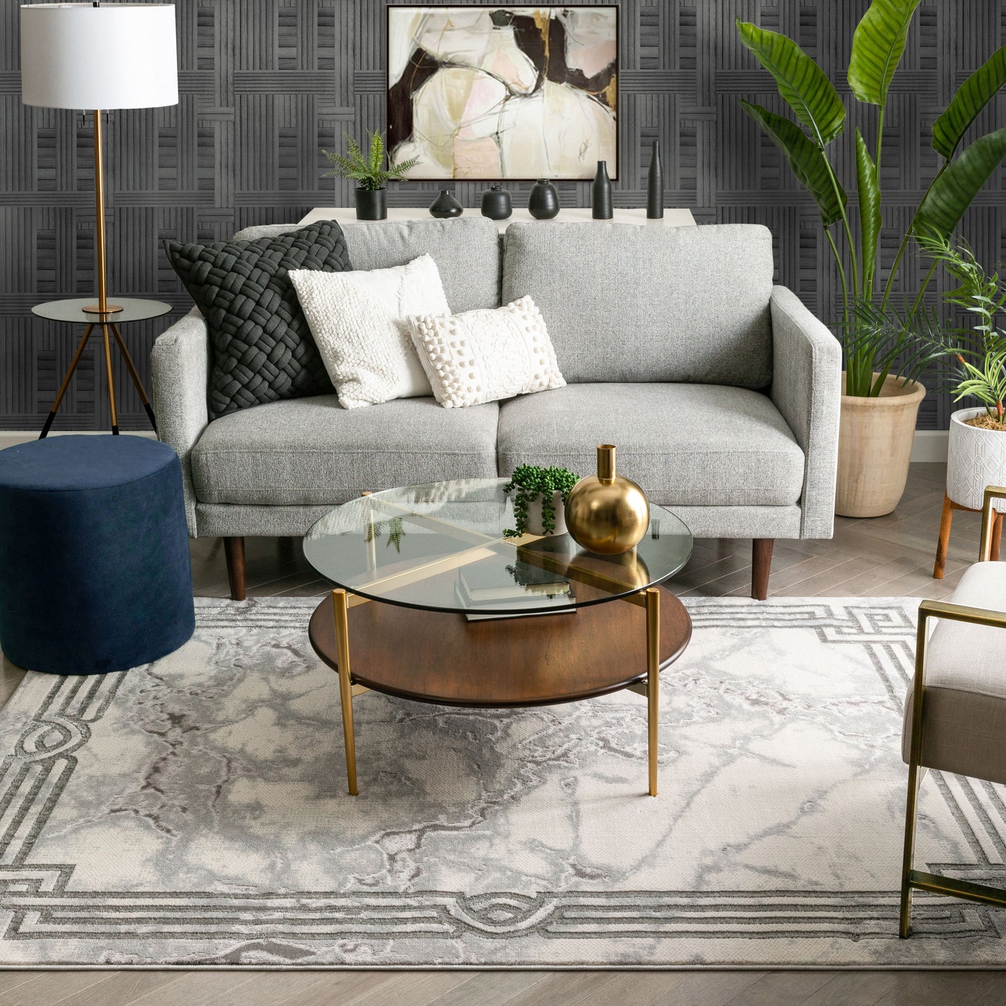Huntington Retro Marble Border Black Glam Rug FRM-73