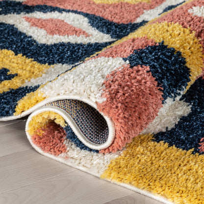 Kix Moroccan Ethnic Diamond Pattern Ivory Blue Thick Shag Rug GIG-112