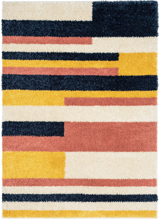 Katniss Mid-Century Modern Geometric Ivory Blue Thick Shag Rug GIG-122