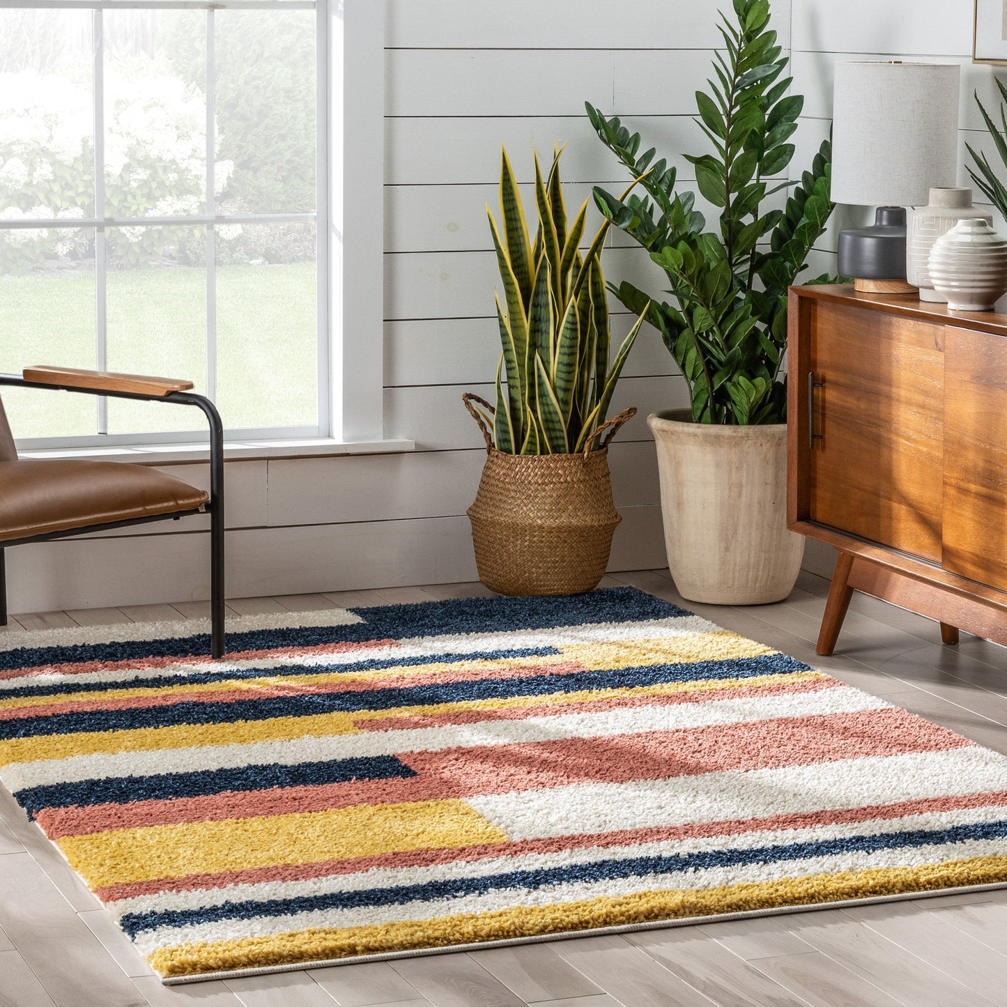 Katniss Mid-Century Modern Geometric Ivory Blue Thick Shag Rug GIG-122