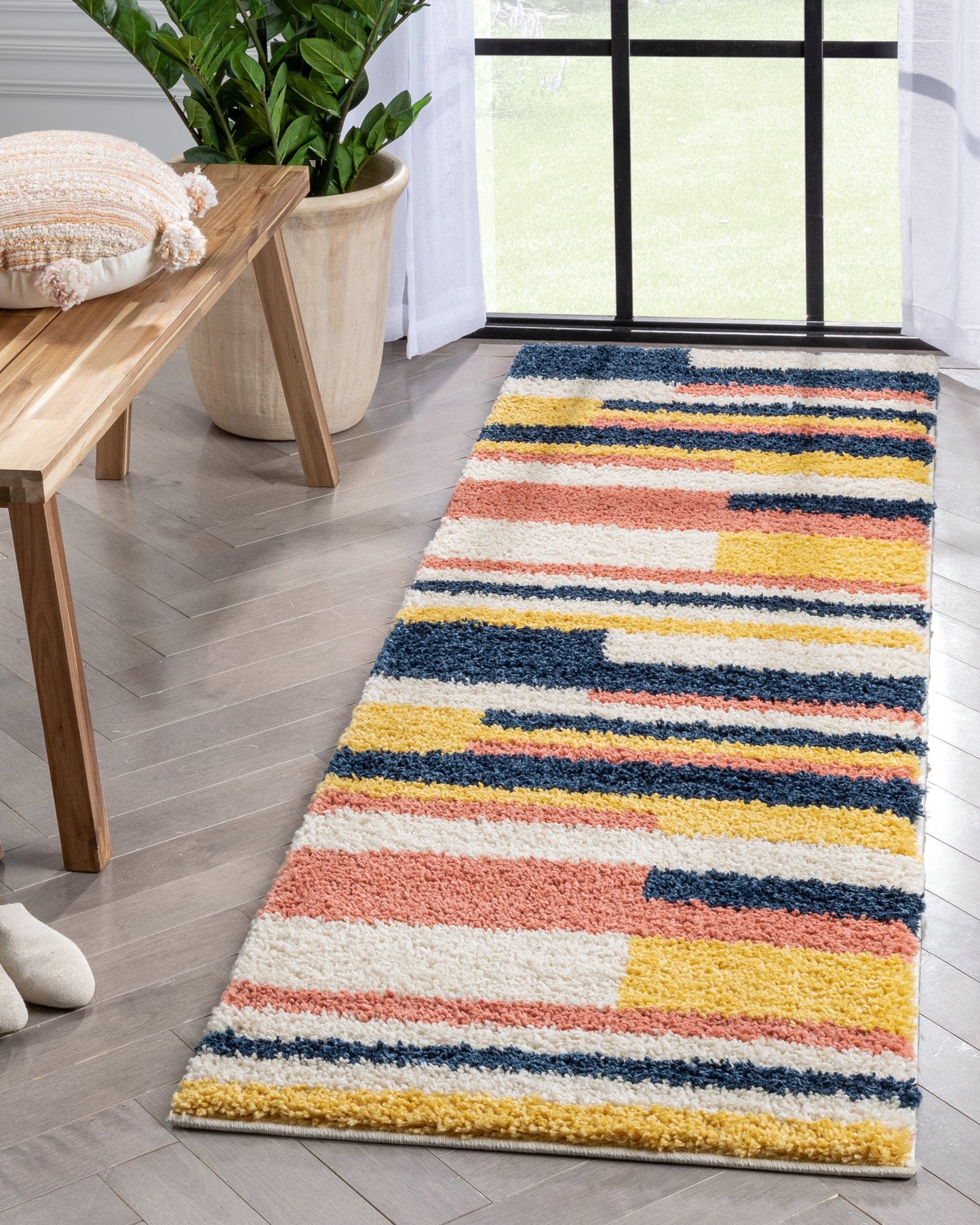 Katniss Mid-Century Modern Geometric Ivory Blue Thick Shag Rug GIG-122