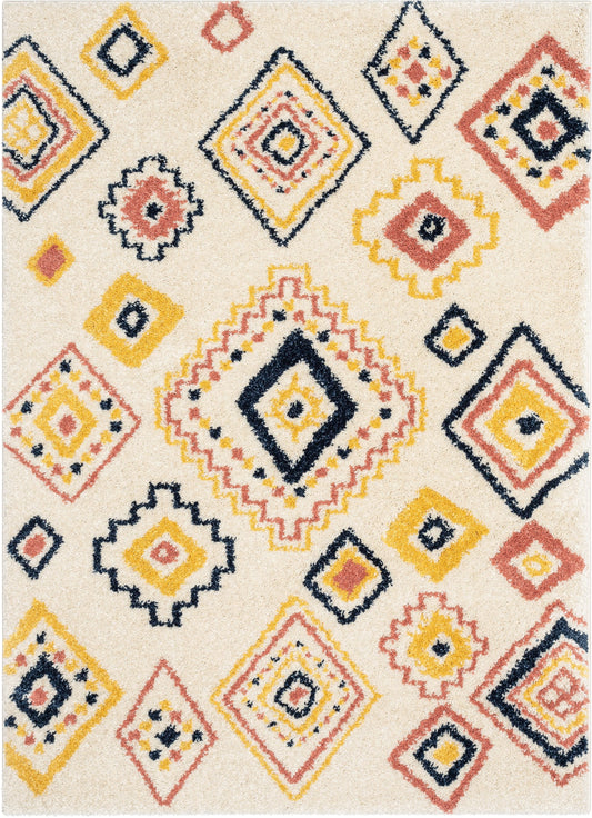 Blaer Moroccan Ethnic Diamond Pattern Ivory Thick Shag Rug GIG-132