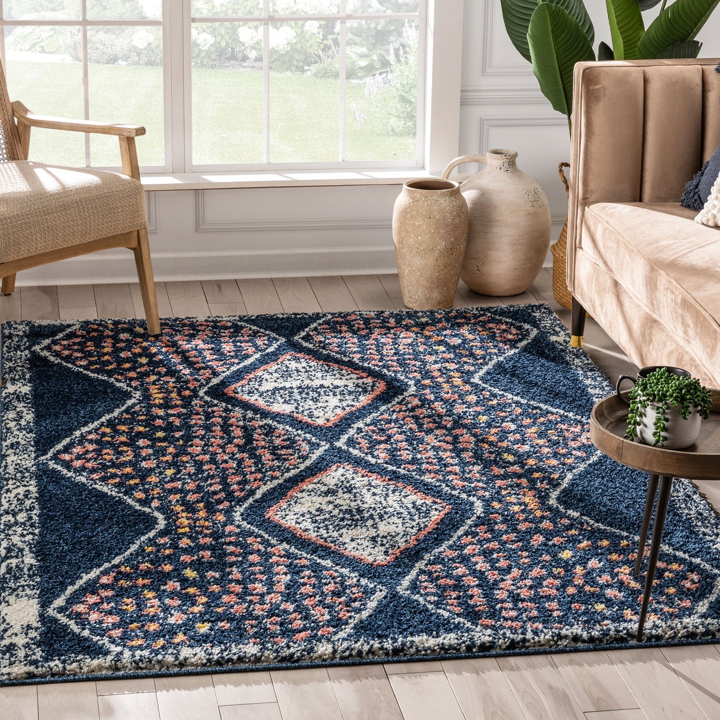 Sansa Moroccan Diamond Pattern Blue Thick Shag Rug GIG-14