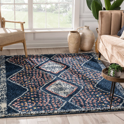 Sansa Moroccan Diamond Pattern Blue Thick Shag Rug GIG-14