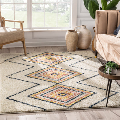 Crew Moroccan Tribal Diamond Pattern Ivory Thick Shag Rug GIG-32
