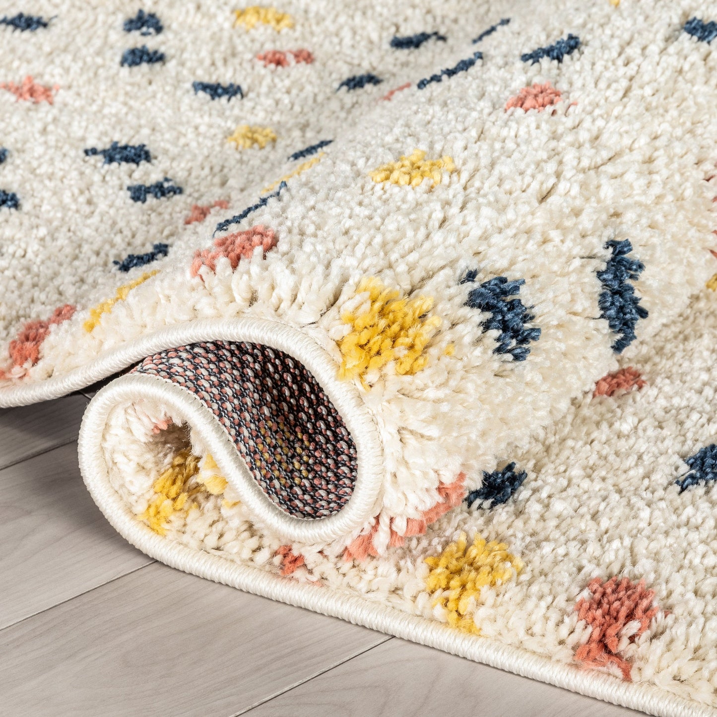 Cricket Retro Dots Pattern Ivory Blue Thick Shag Rug GIG-52