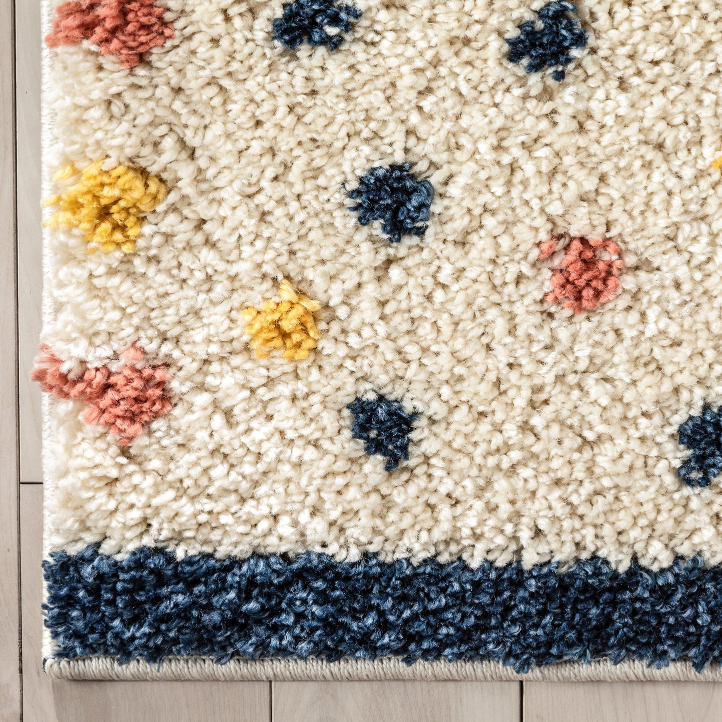 Cricket Retro Dots Pattern Ivory Blue Thick Shag Rug GIG-52
