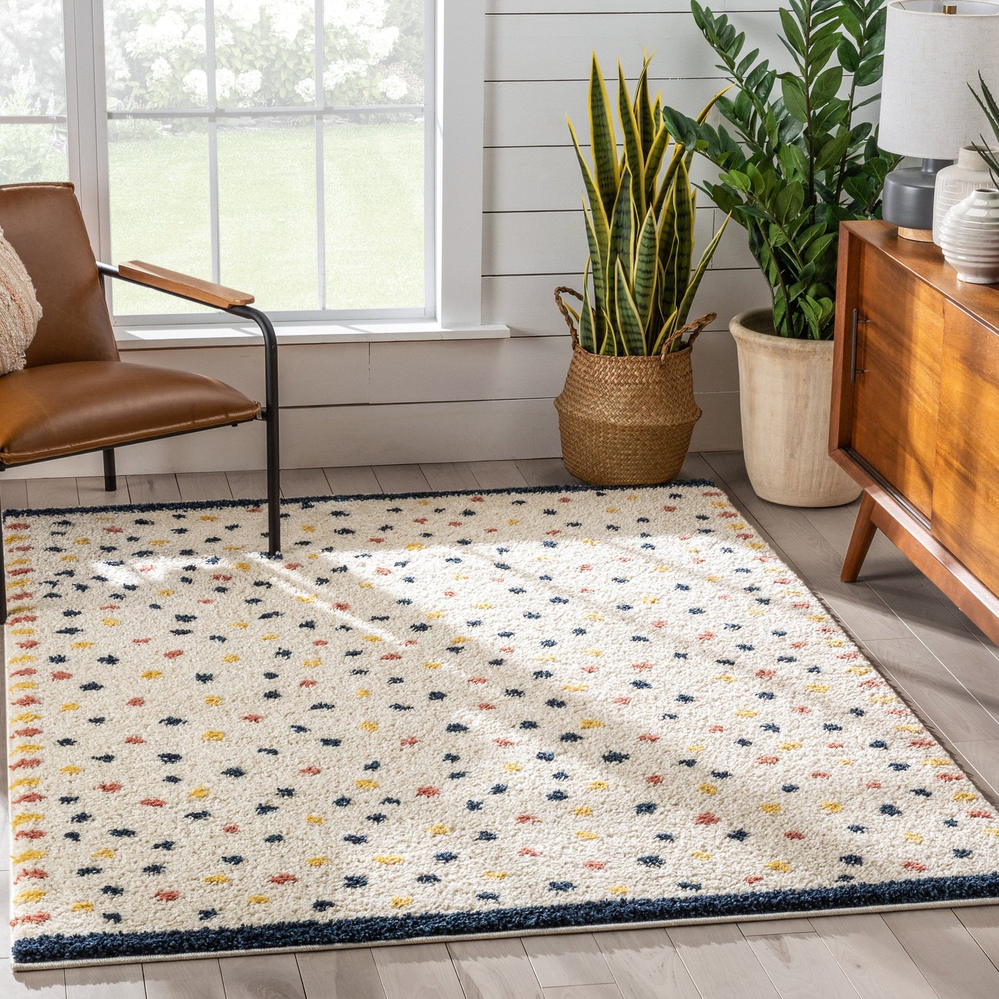Cricket Retro Dots Pattern Ivory Blue Thick Shag Rug GIG-52