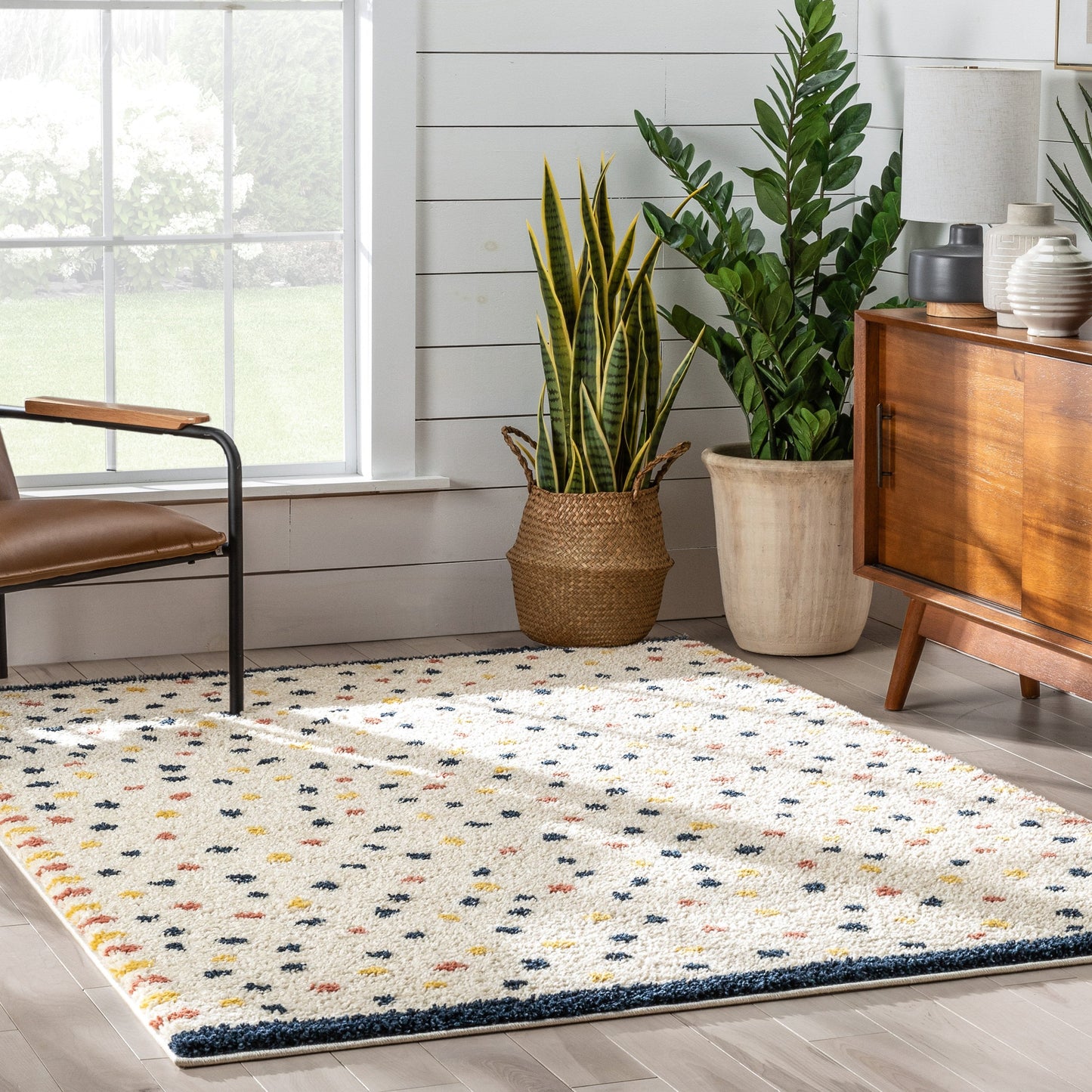 Cricket Retro Dots Pattern Ivory Blue Thick Shag Rug GIG-52