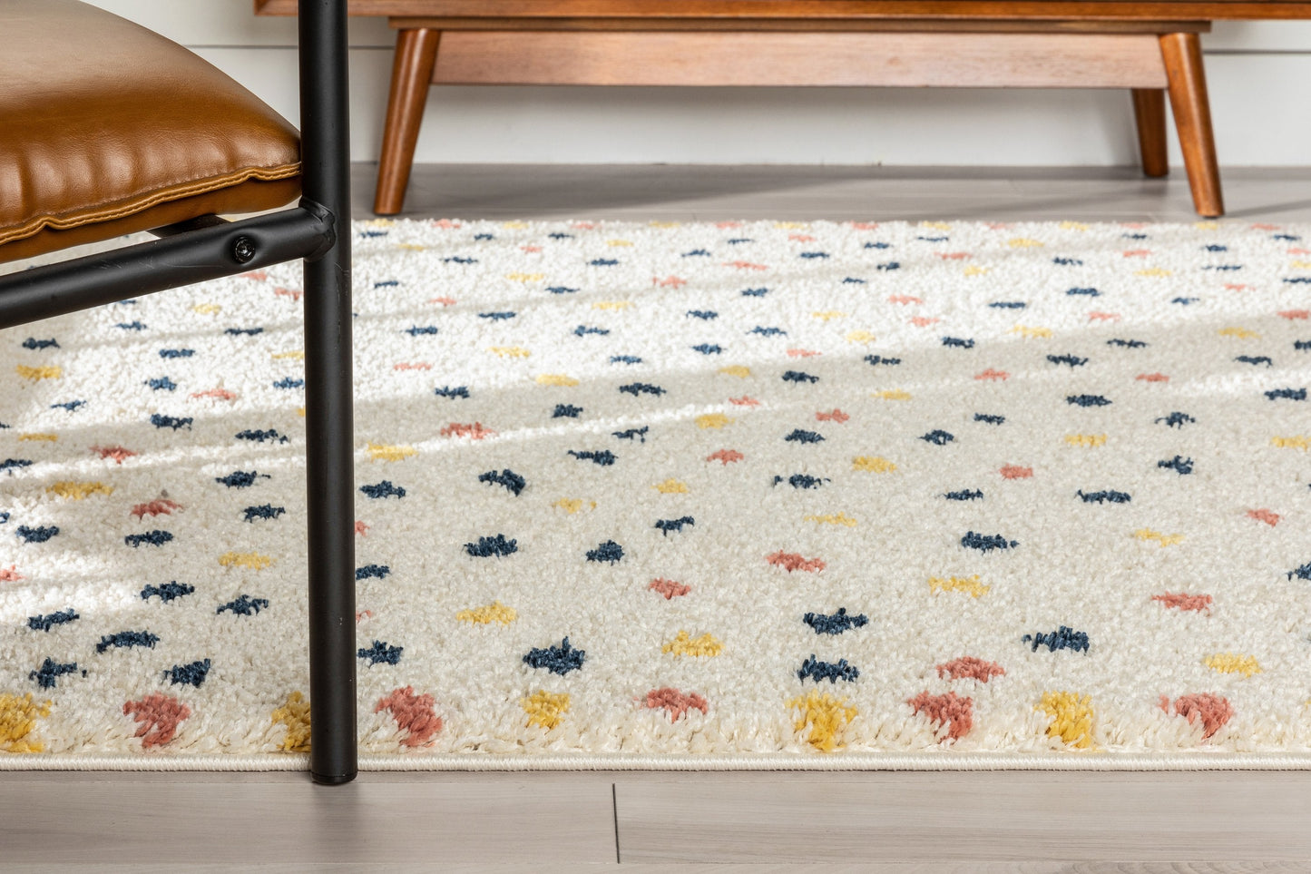 Cricket Retro Dots Pattern Ivory Blue Thick Shag Rug GIG-52
