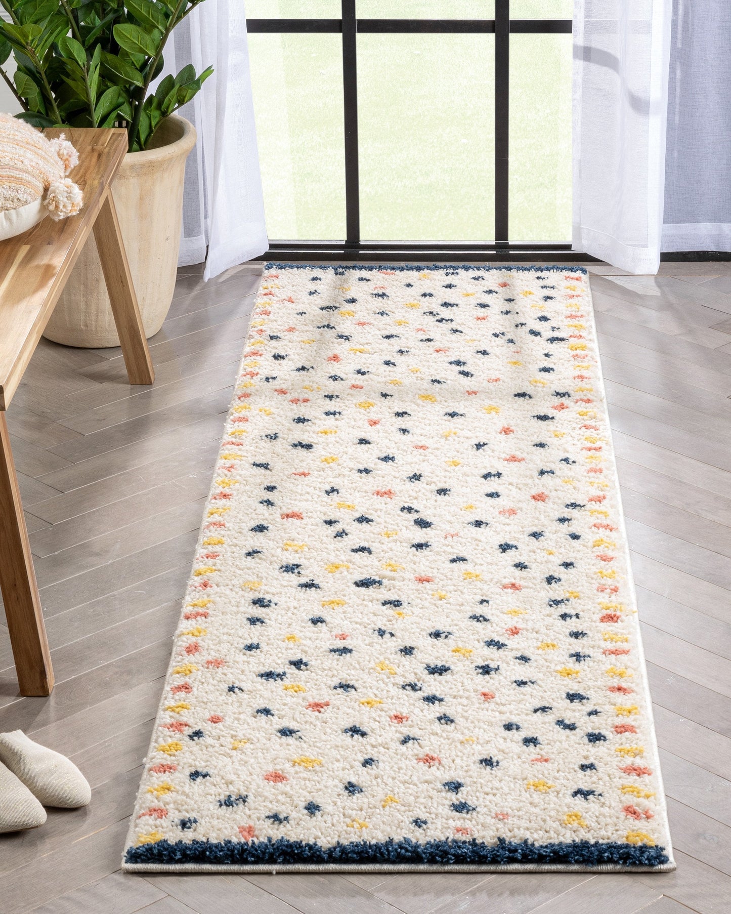 Cricket Retro Dots Pattern Ivory Blue Thick Shag Rug GIG-52