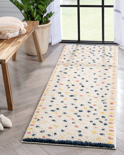 Cricket Retro Dots Pattern Ivory Blue Thick Shag Rug GIG-52