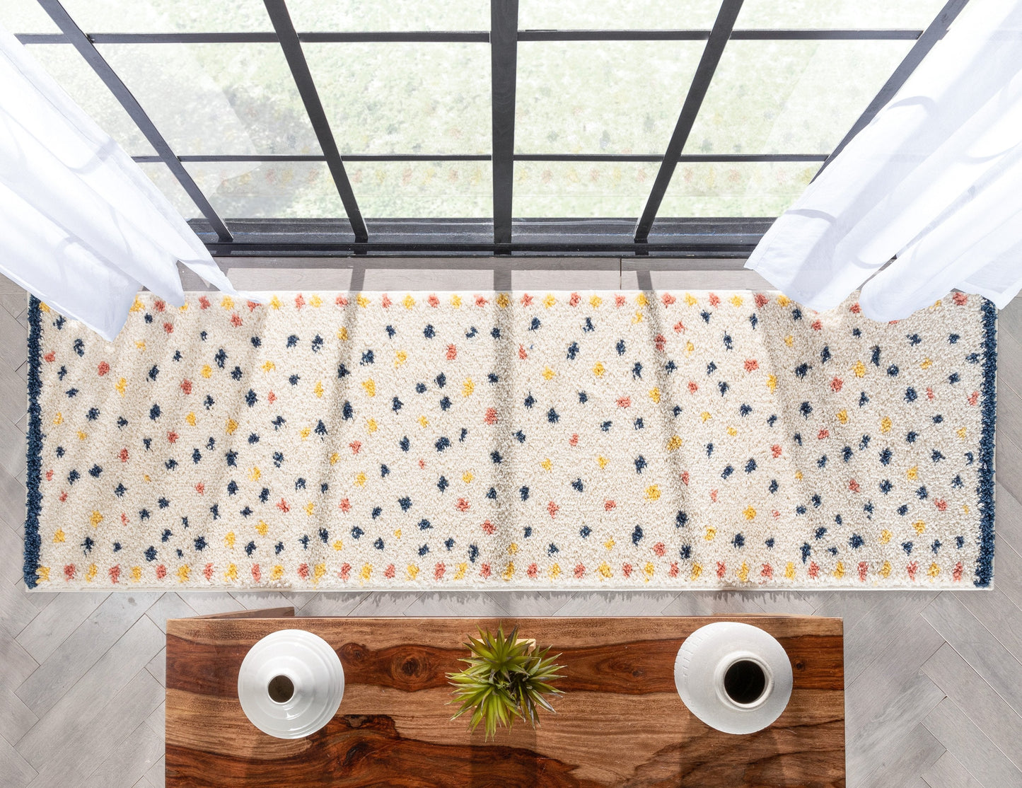 Cricket Retro Dots Pattern Ivory Blue Thick Shag Rug GIG-52