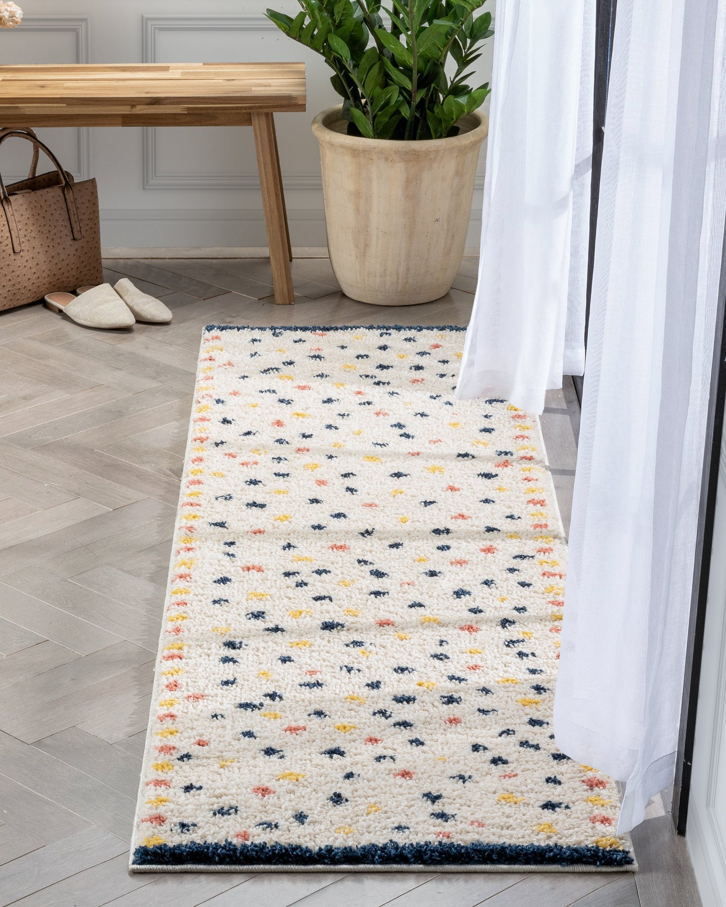 Cricket Retro Dots Pattern Ivory Blue Thick Shag Rug GIG-52