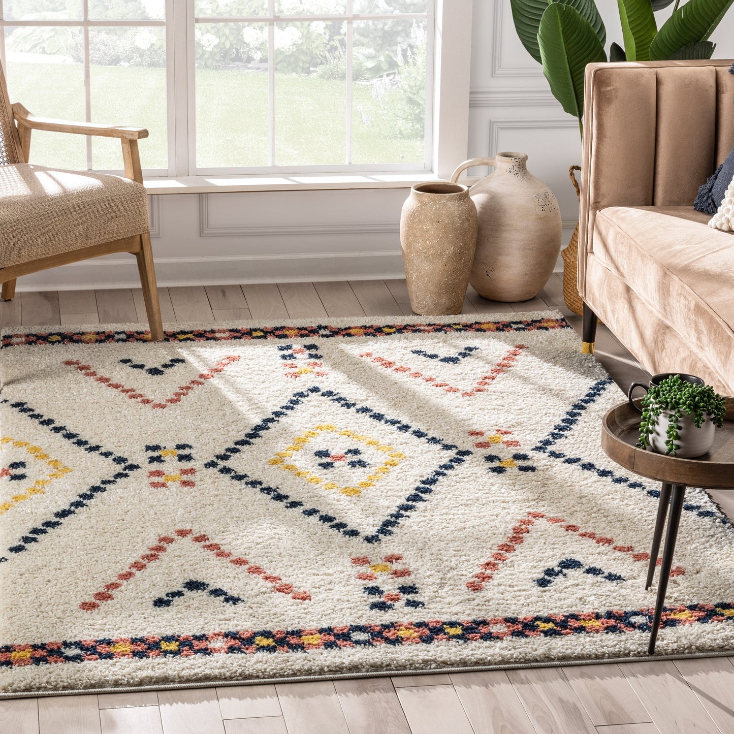 Puma Moroccan Tribal Diamond Pattern Ivory Thick Shag Rug GIG-82