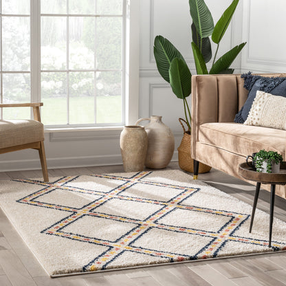 Bodhi Moroccan Tribal Diamond Pattern Ivory Thick Shag Rug GIG-92