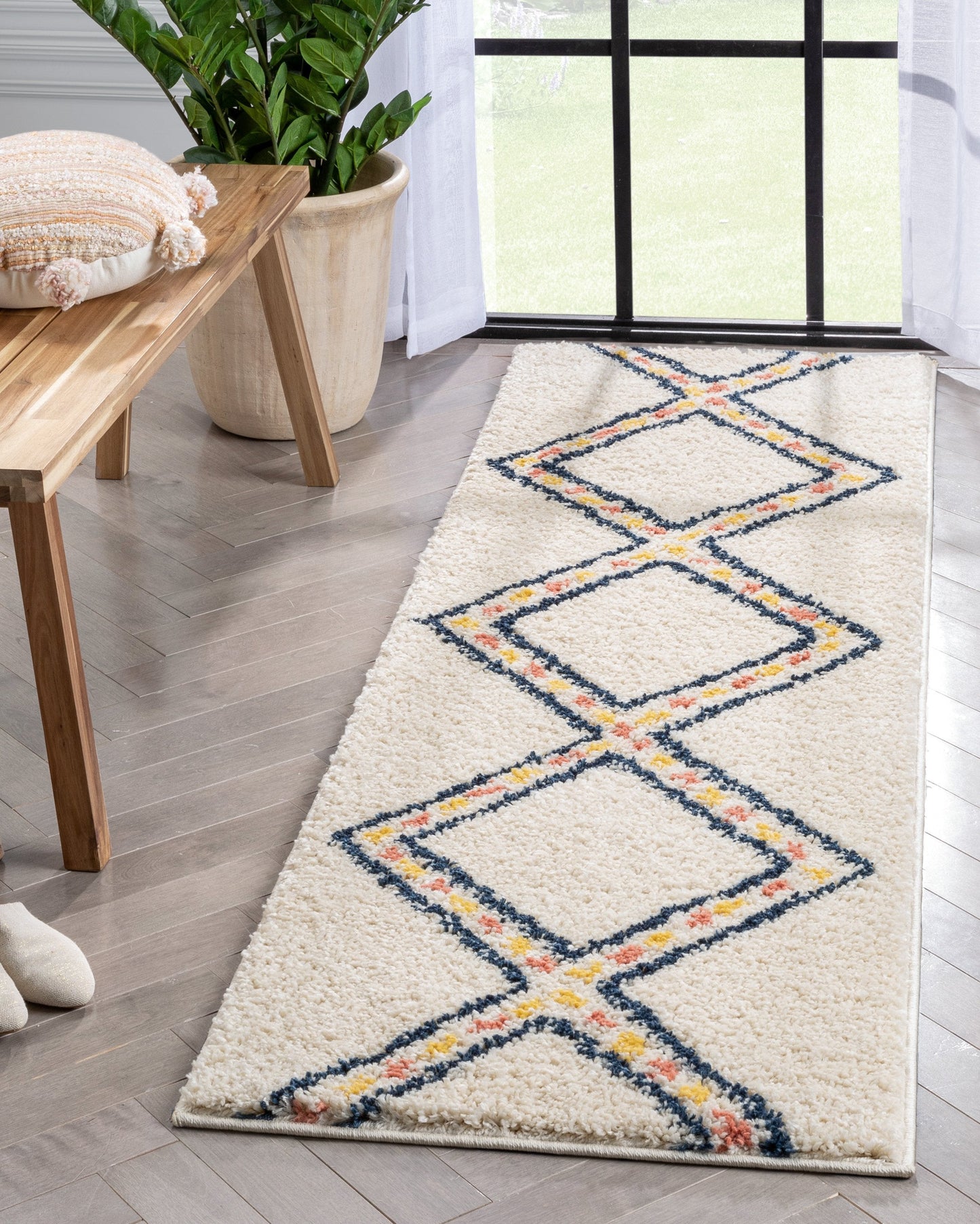 Bodhi Moroccan Tribal Diamond Pattern Ivory Thick Shag Rug GIG-92