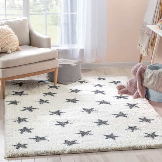 Celestial Skies Modern Stars Pattern Ivory Grey Thick & Ultra Soft Kids Rug HAV-12