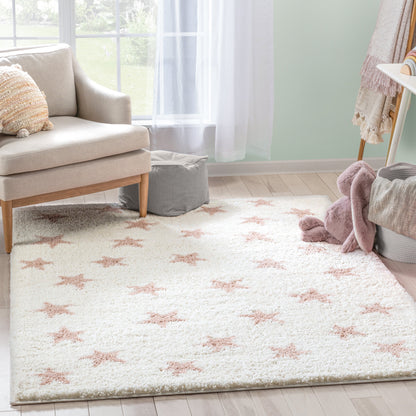 Celestial Skies Modern Stars Pattern Ivory Pink Thick & Ultra Soft Kids Rug HAV-19