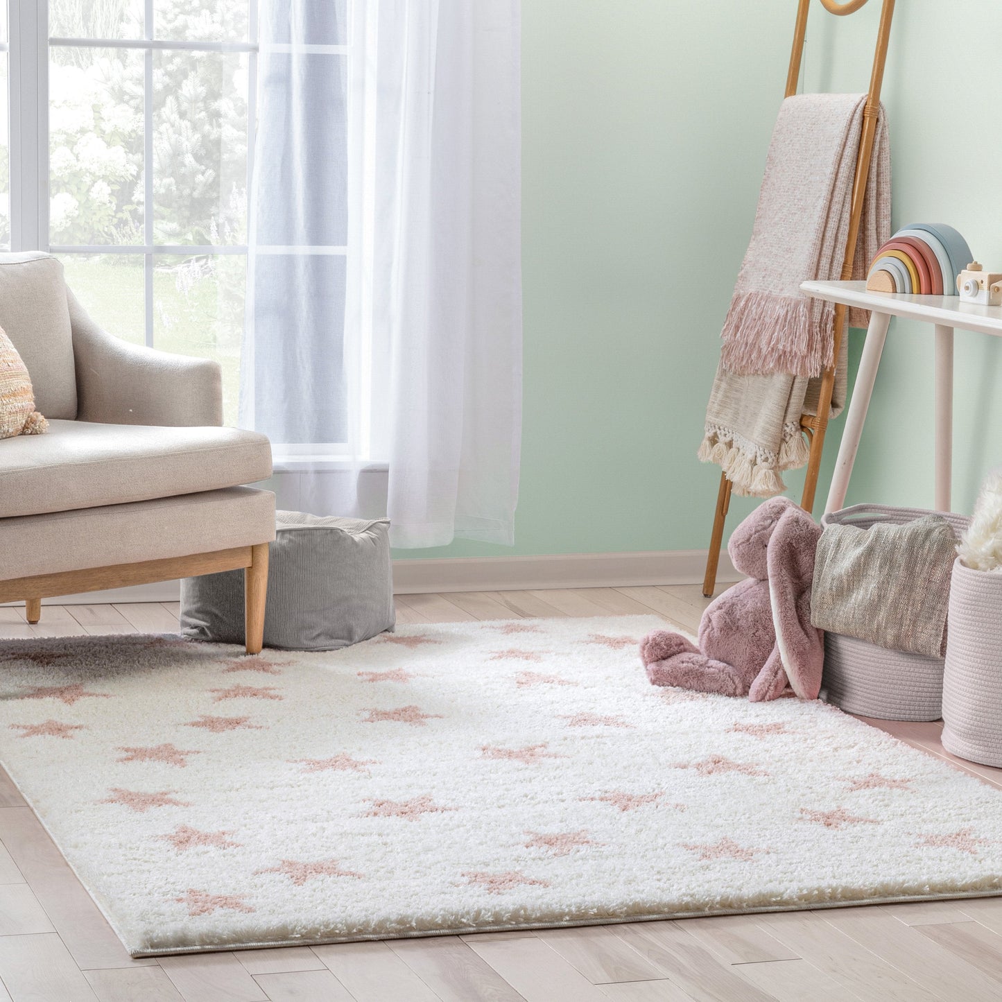 Celestial Skies Modern Stars Pattern Ivory Pink Thick & Ultra Soft Kids Rug HAV-19
