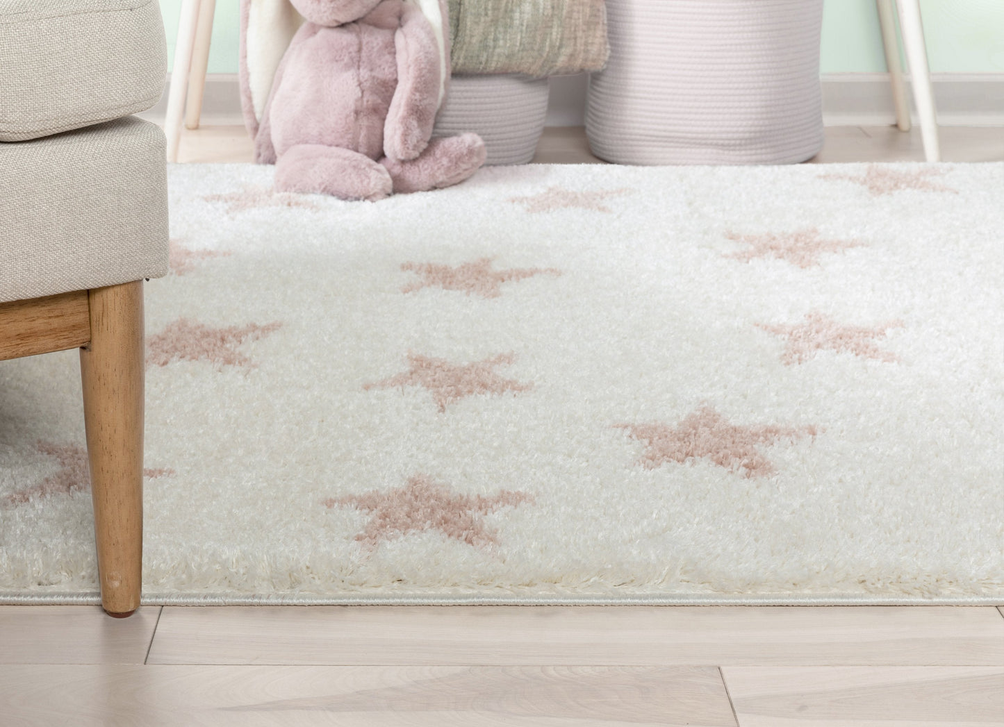 Celestial Skies Modern Stars Pattern Ivory Pink Thick & Ultra Soft Kids Rug HAV-19
