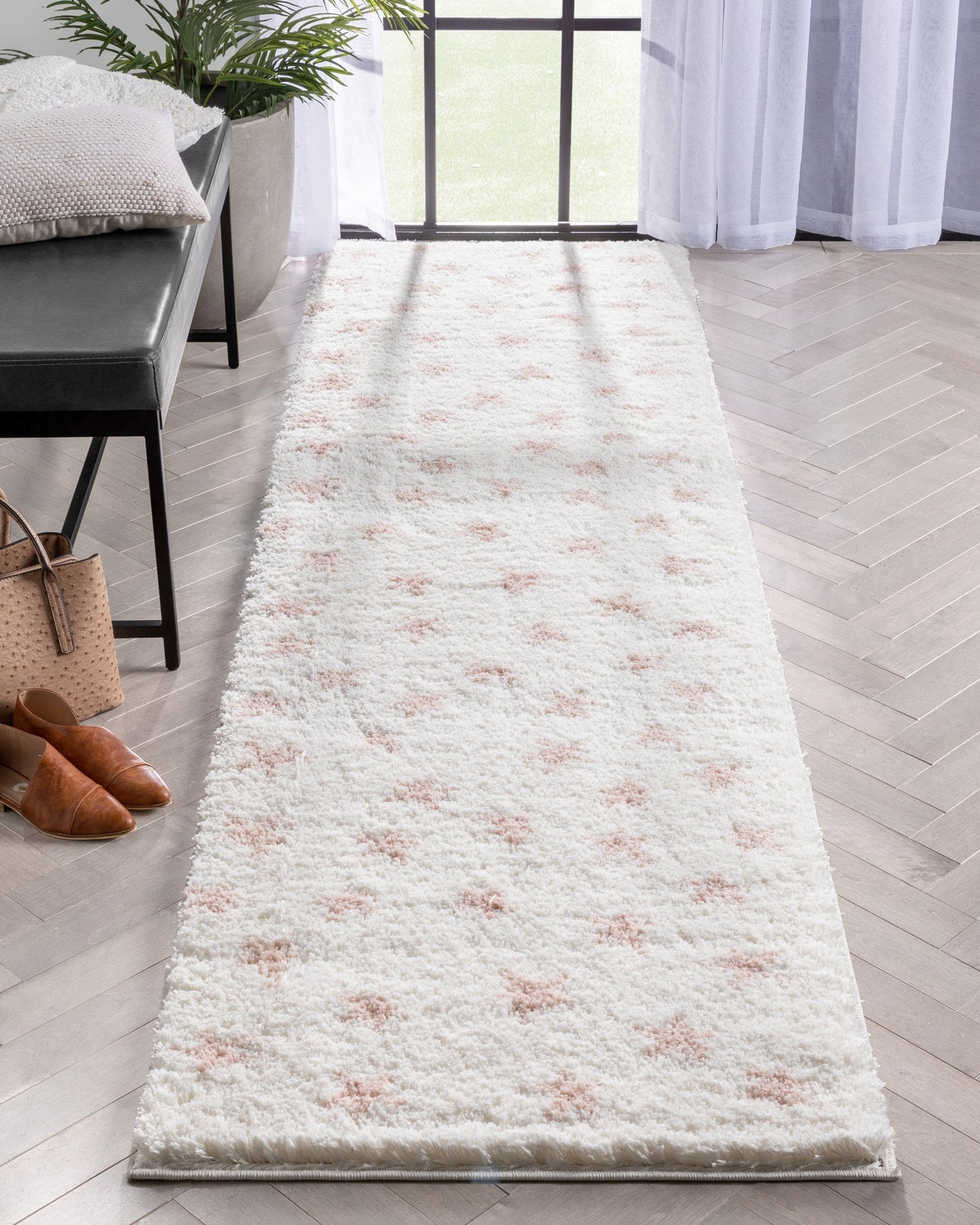 Celestial Skies Modern Stars Pattern Ivory Pink Thick & Ultra Soft Kids Rug HAV-19
