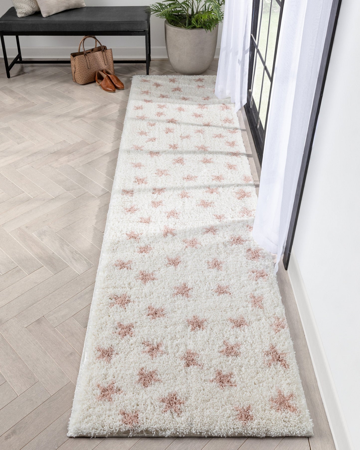Celestial Skies Modern Stars Pattern Ivory Pink Thick & Ultra Soft Kids Rug HAV-19