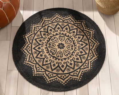 Kiera Bohemian Tribal Hand-Braided Jute Black Natural  Rug IRI-13