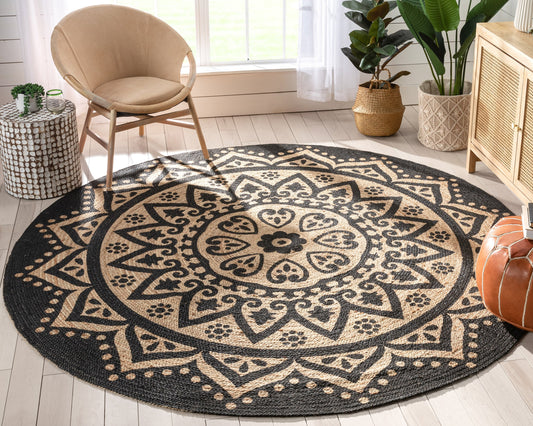 Kiera Bohemian Tribal Hand-Braided Jute Black Natural  Rug IRI-13