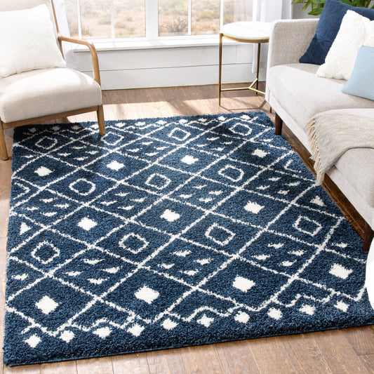 Kari Scandinavian Moroccan Lattice Blue Thick  Nordic Shag Rug JU-24