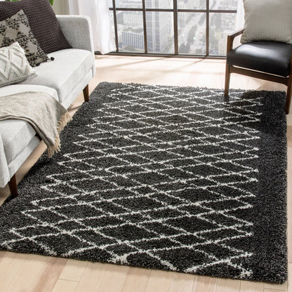 Soren Scandinavian Moroccan Lattice Dark Grey Thick  Nordic Shag Rug JU-57