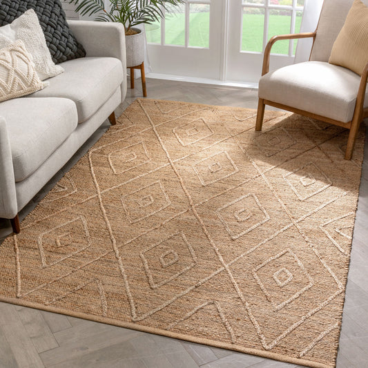 Diamond Moroccan Lattice Pattern Natural Color Hand-Braided Basket Weave Jute Rug KAS-12