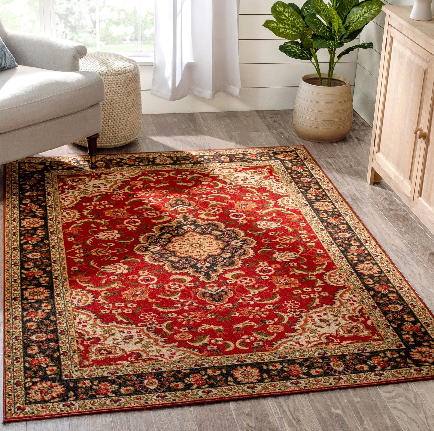 Gene Traditional Medallion Persian Red Non-Slip Machine Washable Low Pile Indoor/Outdoor Rug KC-170
