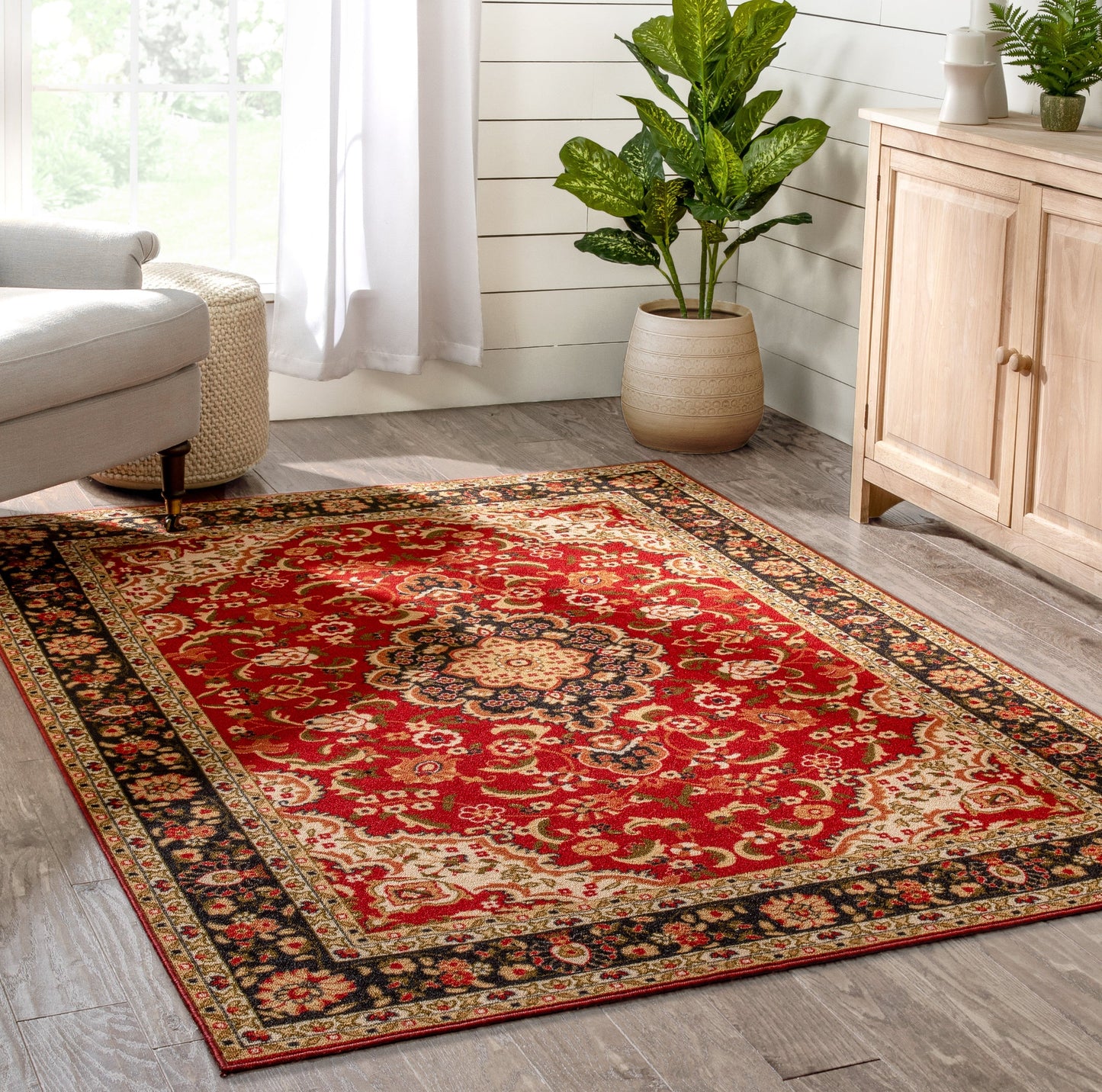 Gene Traditional Medallion Persian Red Non-Slip Machine Washable Low Pile Indoor/Outdoor Rug KC-170