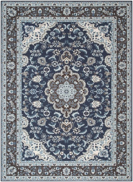 Gene Traditional Medallion Persian Blue Non-Slip Machine Washable Low Pile Indoor/Outdoor Rug KC-174
