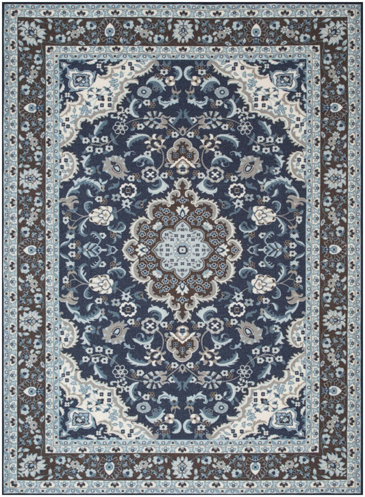 Gene Traditional Medallion Persian Blue Non-Slip Machine Washable Low Pile Indoor/Outdoor Rug KC-174