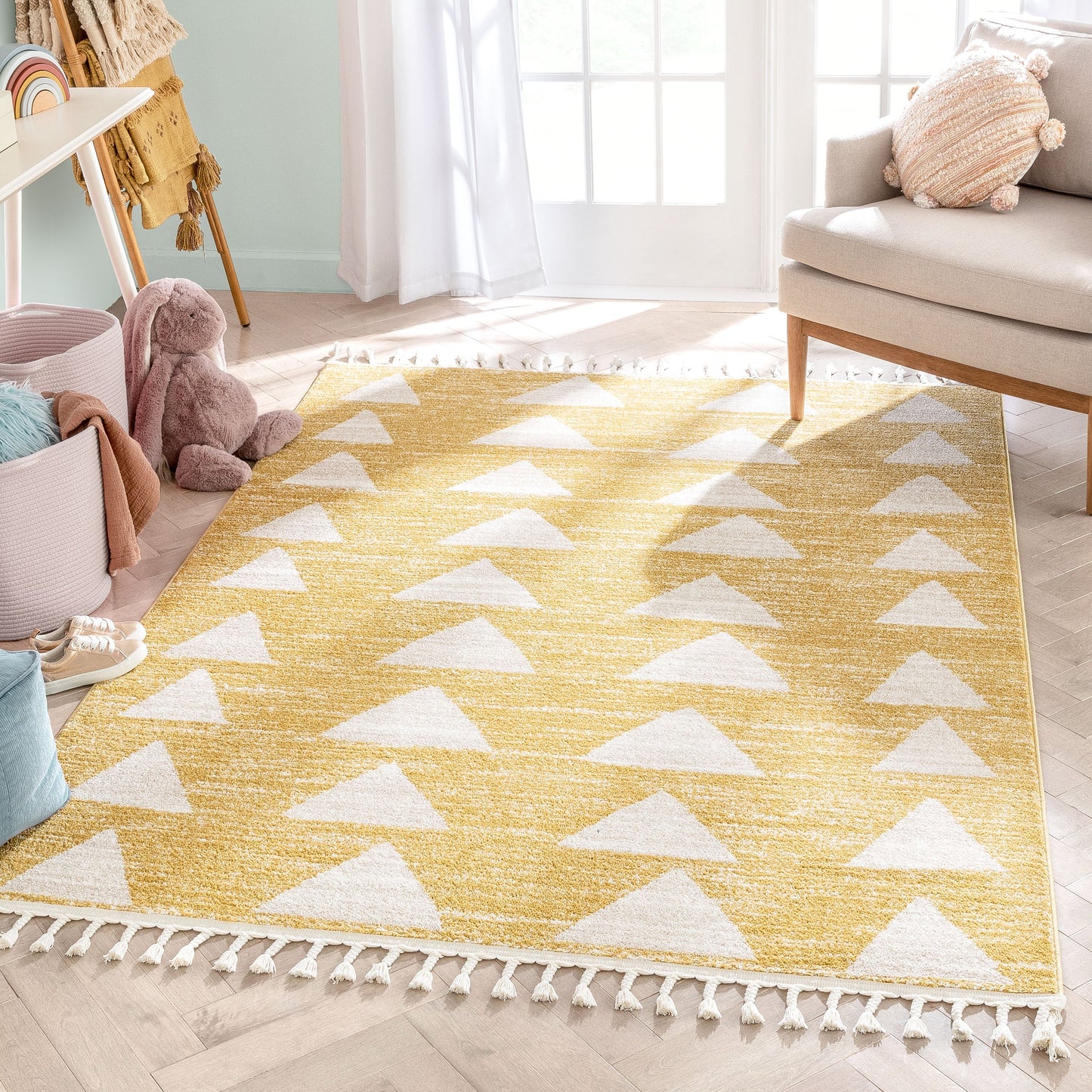 Triangles Modern Geometric Pattern Yellow Kids Rug KEN-11