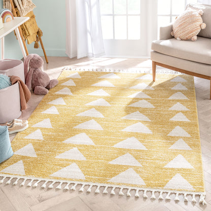 Triangles Modern Geometric Pattern Yellow Kids Rug KEN-11
