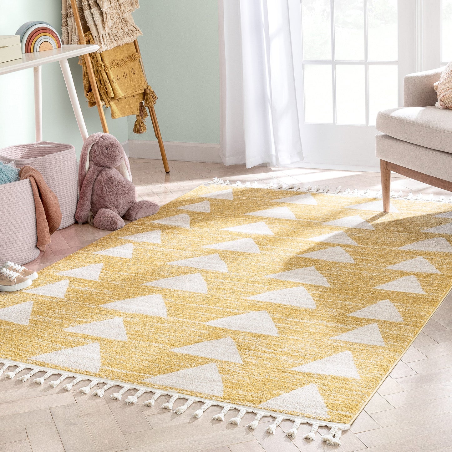 Triangles Modern Geometric Pattern Yellow Kids Rug KEN-11