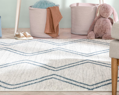 Reeve Modern Chevron Zig-Zag Blue Ivory Kids Rug KEN-34