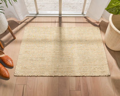 Boucle Hand-Woven Jute Rug Farmhouse Solid Pattern Off-White Chunky-Textured Rug LAN-12