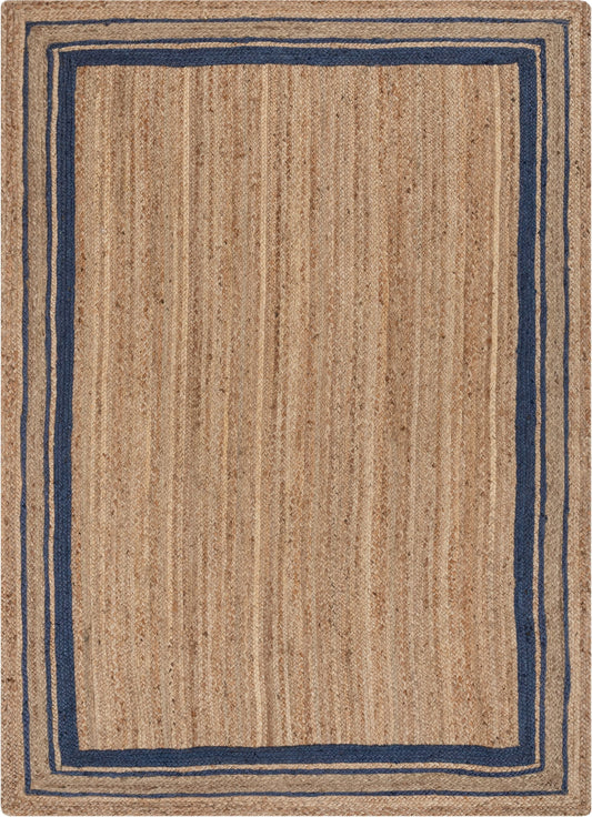 Border Pattern Contemporary Blue & Natural Color Hand-Braided Basket Weave Jute Rug LAR-24