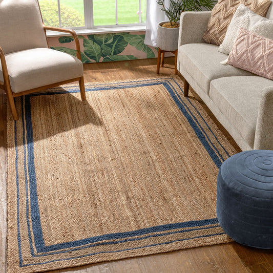 Border Pattern Contemporary Blue & Natural Color Hand-Braided Basket Weave Jute Rug LAR-24