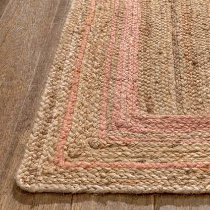 Border Pattern Contemporary Blush & Natural Color Hand-Braided Basket Weave Jute Rug LAR-29