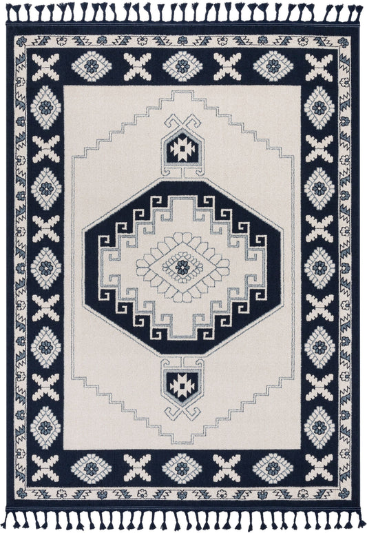 Kaya Southwestern Tribal Medallion Dark Blue Kilim-Style Rug LDL-34