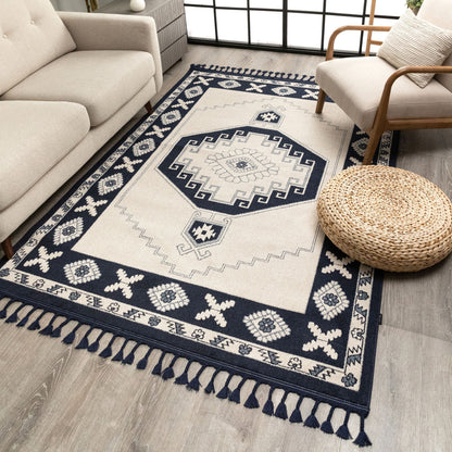 Kaya Southwestern Tribal Medallion Dark Blue Kilim-Style Rug LDL-34