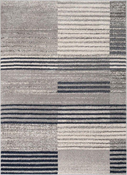 Linea Contemporary Solid & Striped Distressed Grey / Blue Rug LIS-57